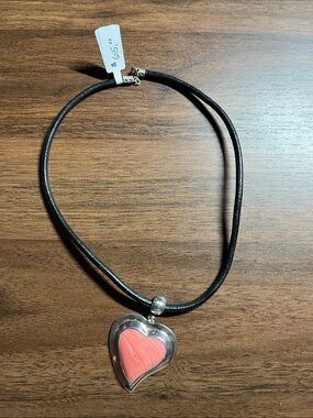 Mexico ATI Sterling & Peach Pink Coral Heart Shaped Pendant- 1 3/4"